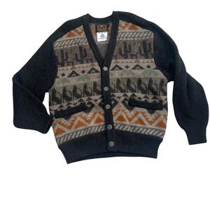 Longhouse 100% WoolSouthwestern Cardigan - Black with Brown & Orange Pattern